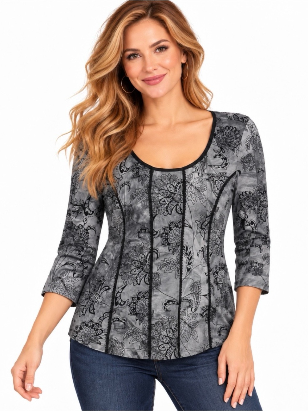 Sami + Jo Black Grey Flocked Floral Mesh 3/4 Sleeve Top Scoop Neck XL